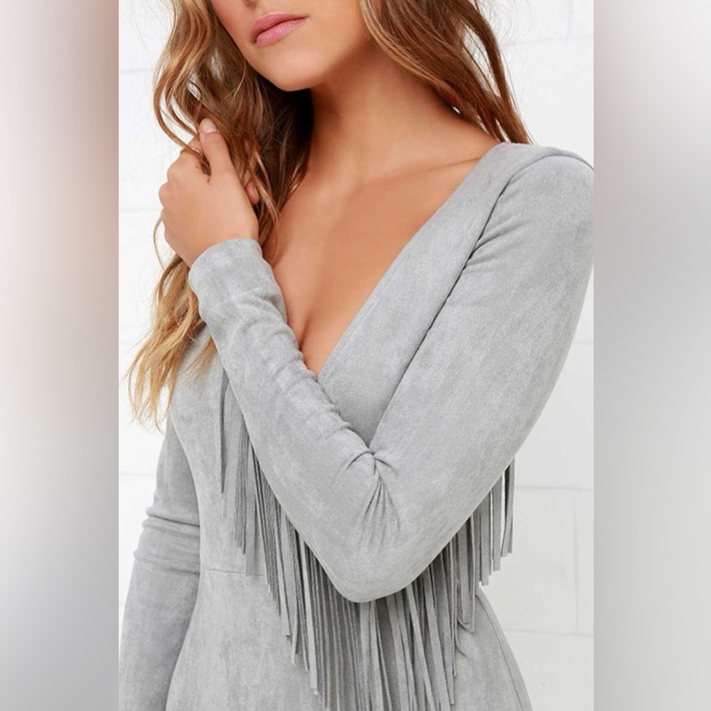 Lulu's Light Gray Fringe V-Neck Suede Mini Dress - Picture 5 of 16